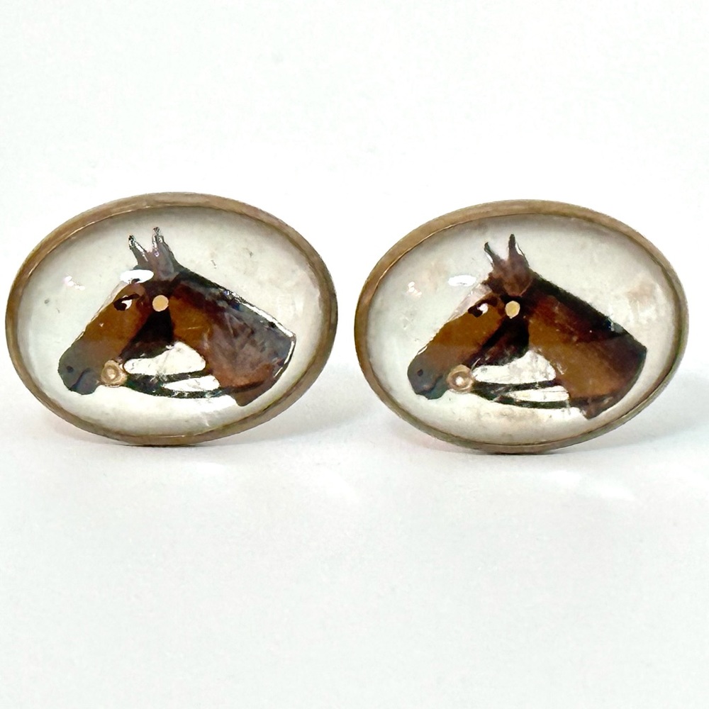 Art Deco Vintage Reverse Carved Crystal /Glass Horse Gold-filled Cufflinks